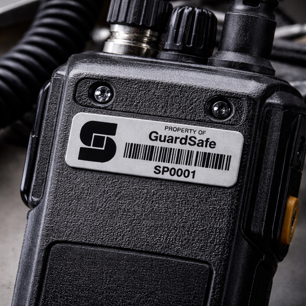 316 stainless steel engraved asset tag applied to two-way radio, 47x15mm, suitable for outdoor and industrial use
