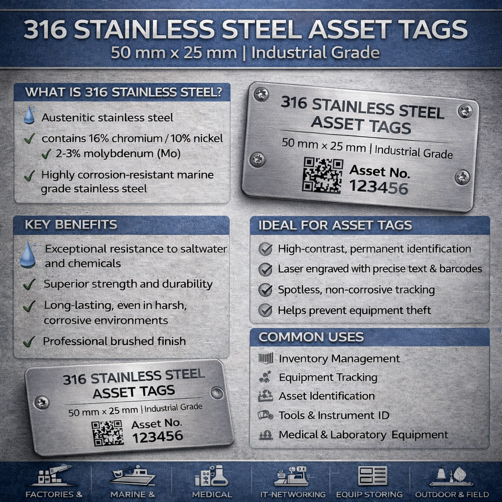 Infographic showing 316 stainless steel asset tags 50 x 25mm with key benefits, durability, corrosion resistance, and industrial identification uses