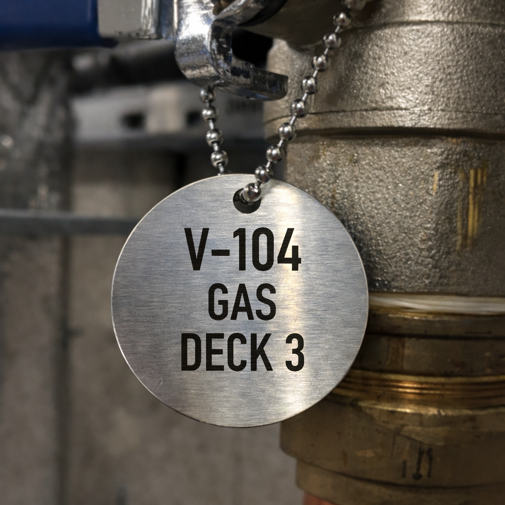 316 stainless steel valve tag with QR code attached to industrial pipework using stainless steel ball chain for durable identification