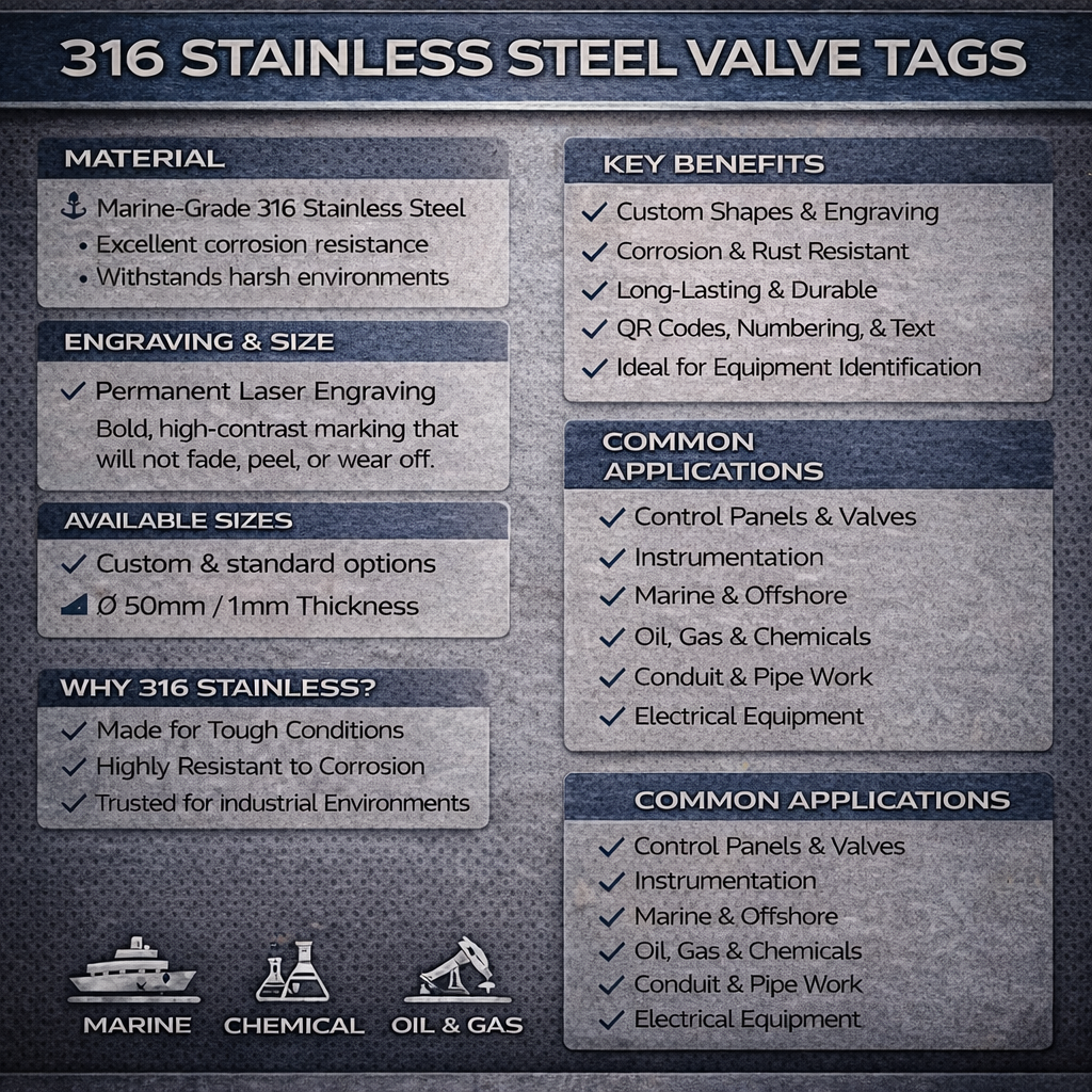 316 stainless steel valve tag infographic highlighting durable industrial identification features