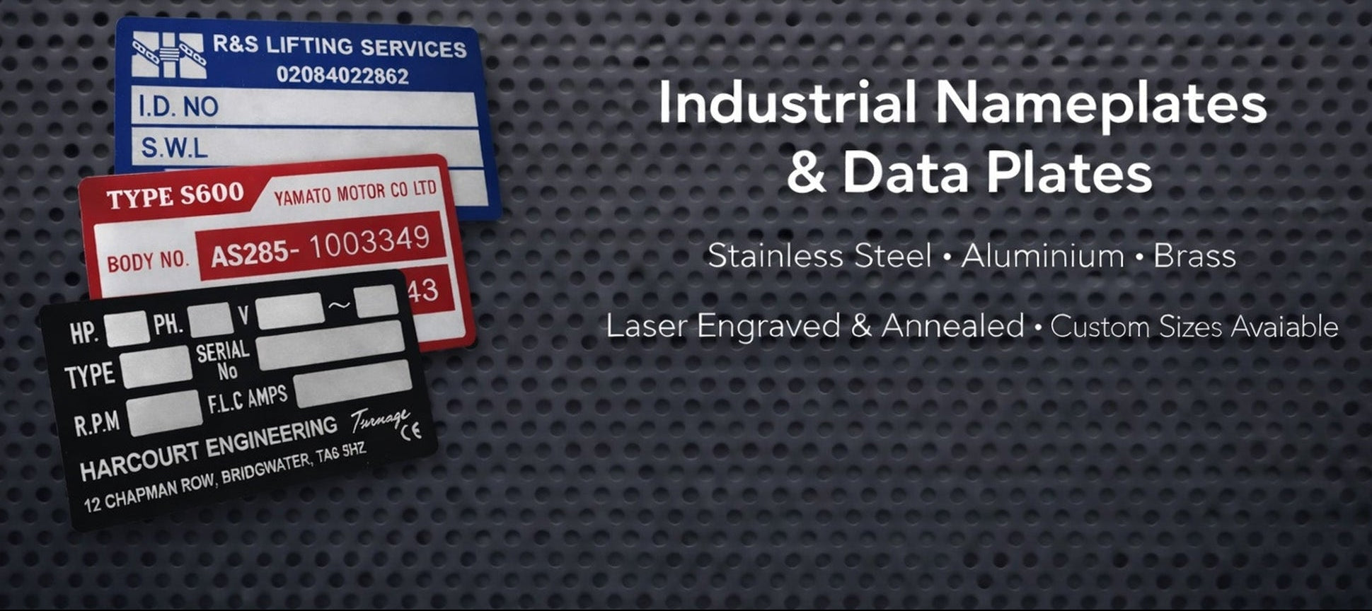 Industrial nameplates and data plates in stainless steel, aluminium and brass, laser engraved and annealed