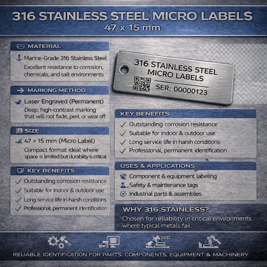diagram showing info for 47x15mm for 316 stainless steel micro label
