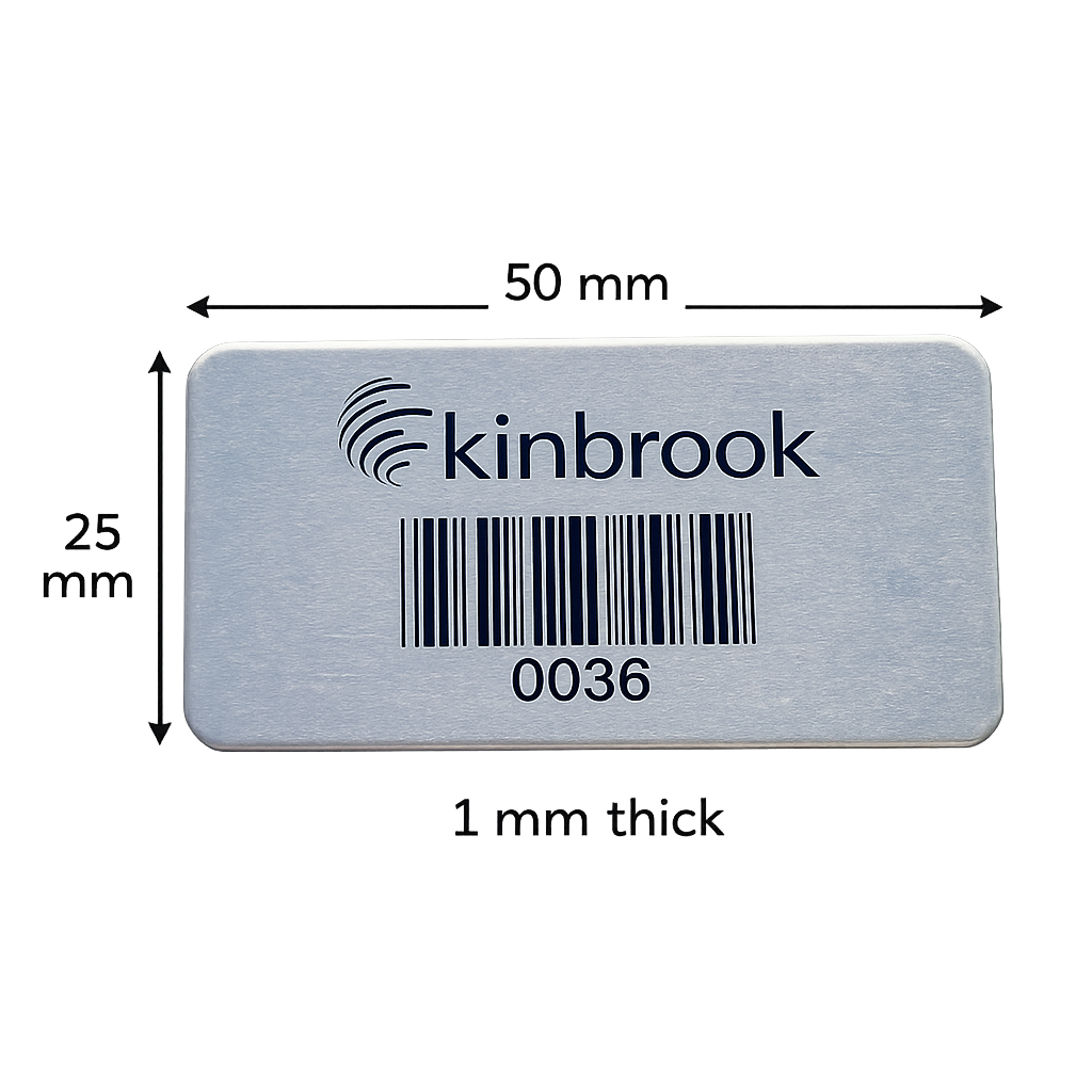 316 stainless steel asset tag showing 50 × 25 mm dimensions and 1 mm thickness