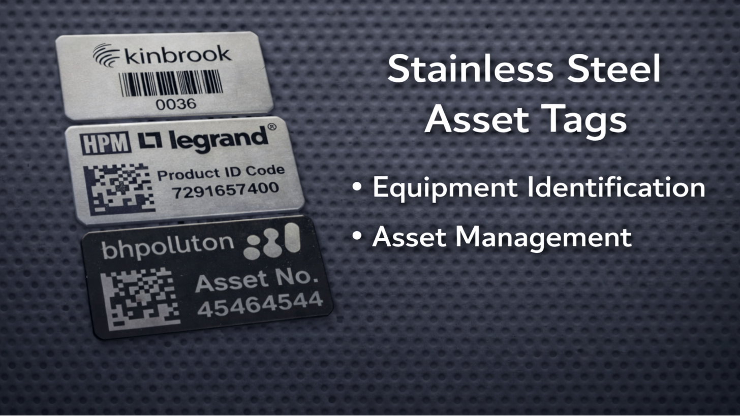 Laser engraved stainless steel asset tags used for equipment identification and asset management